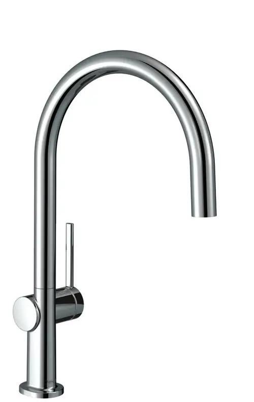 Küchenmischer aus verchromtem Material mit einem hohen, gebogenen Auslauf und einem Hebel zur Steuerung des Wasserflusses. Produkt von Hansgrohe.